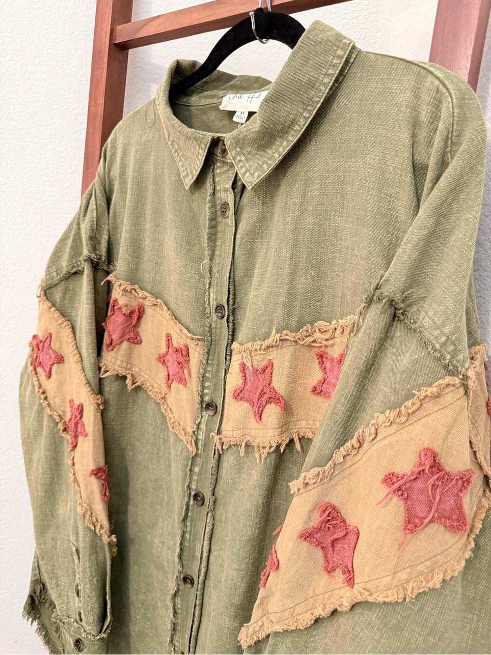 Oli & Hali Olive Green Button-Down Shirt with Red Star Trim - Picture 3 of 7